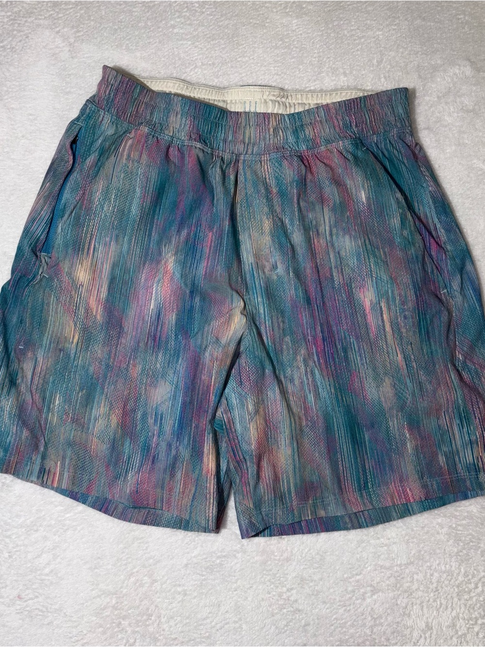 Lululemon Pace Breaker Lined Shorts 7 Men’s Small Teal Pink Multi Color Pattern